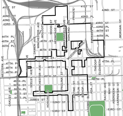 47th/Ashland TIF district, roughly bounded on the north by 41st Street, 53rd Street on the south, Racine Avenue on the east, and the Canadian National Railroad tracks on the west.